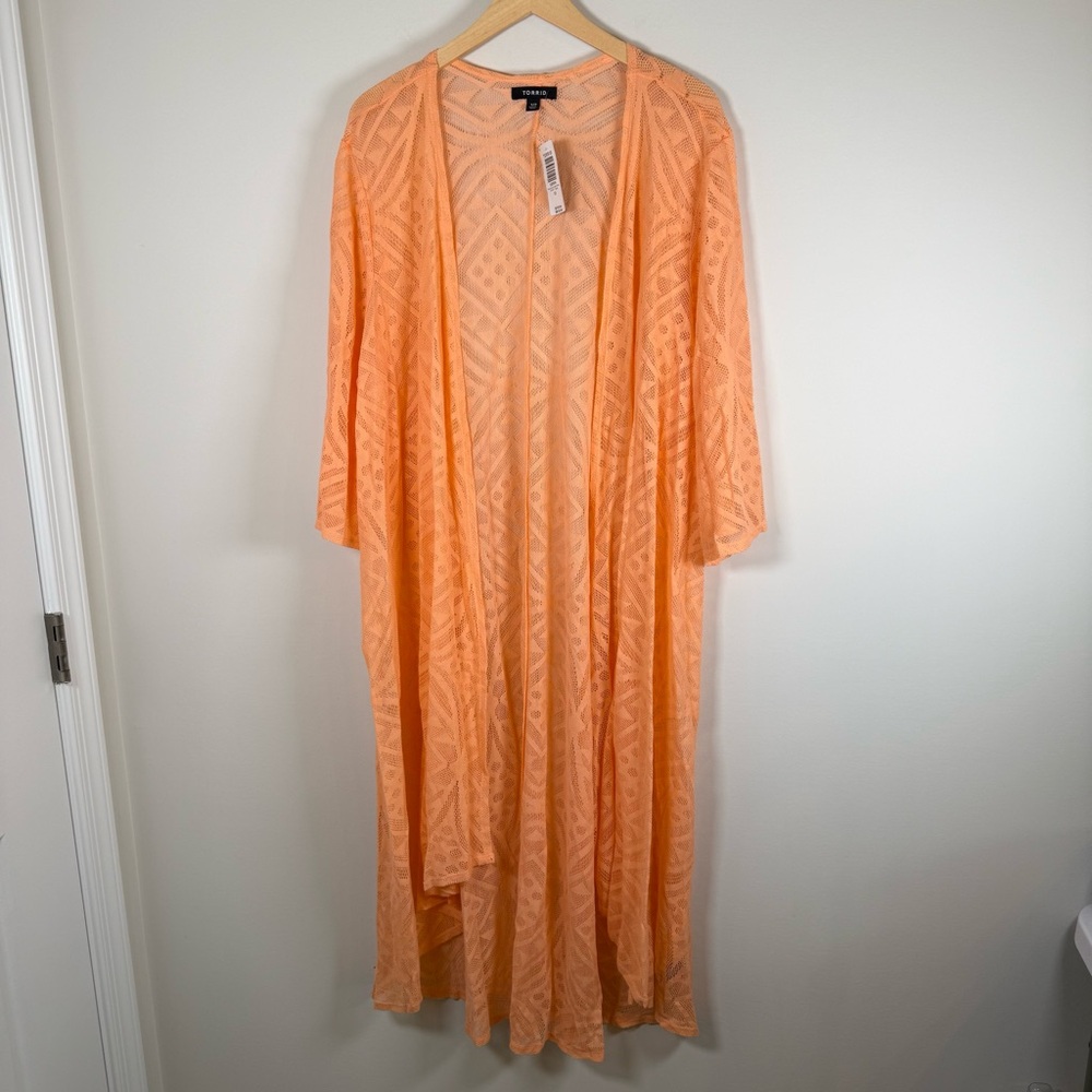 Torrid Geometric Mesh‎ Knit Kimono Open Front Cardigan Flowy Peach Size 1/2 NWT